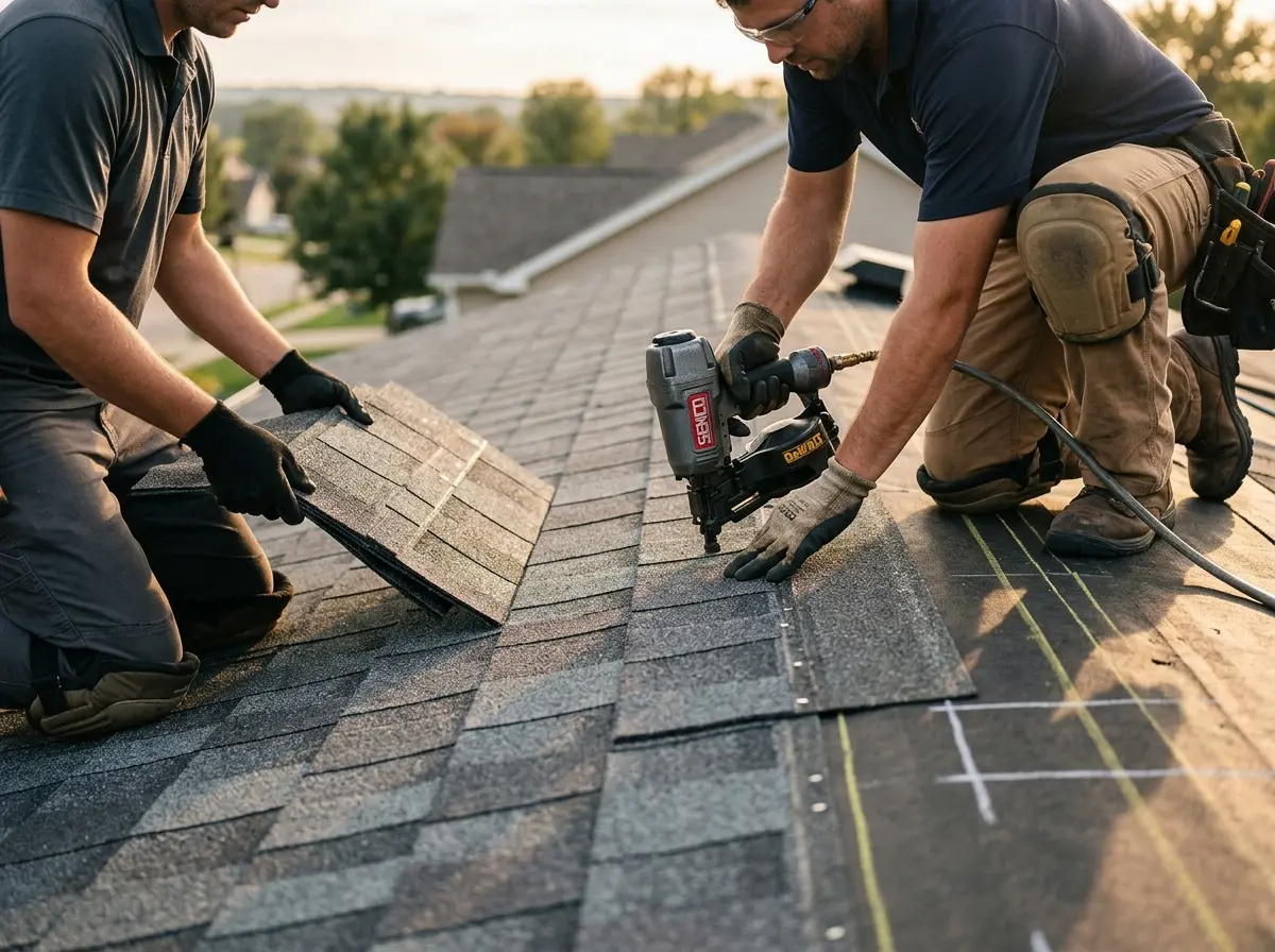 Professional roofer working on a residential roof in Prineville